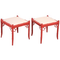 Pair of Vintage Hollywood Regency Faux Bamboo Red Stools