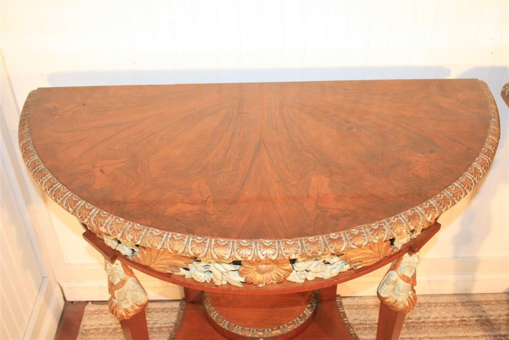 Pair 19th C Figural Carved Continental Demi-Lune Consoles