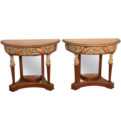 Pair 19th C Figural Carved Continental Demi-Lune Consoles