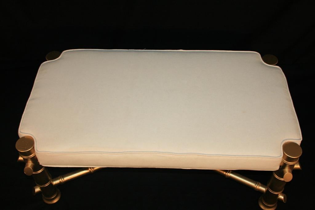 American Hollywood Regency Faux Bamboo Upholstered Wooden Bench Gold Chinese Chippendale