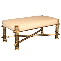 Hollywood Regency Faux Bamboo Upholstered Wooden Bench Gold Chinese Chippendale