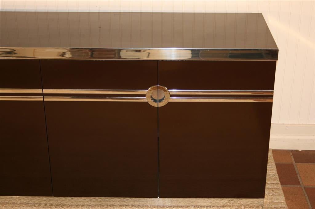 Mid-Century Modern Pierre Cardin Chocolate Brown & Chrome 4 Door Credenza Cabinet