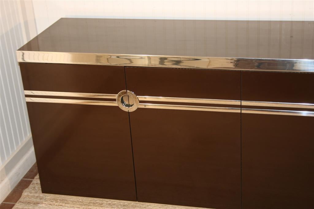 American Pierre Cardin Chocolate Brown & Chrome 4 Door Credenza Cabinet