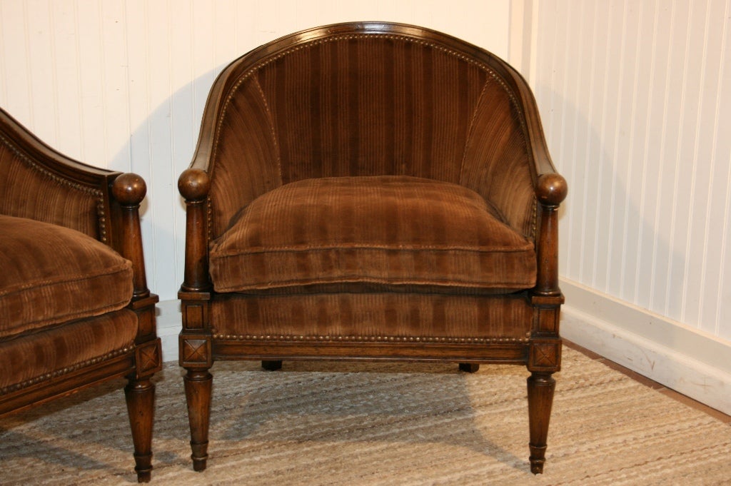 Mid-20th Century Pair 1950's Neoclassical Style Ball Form Barrel Back Club Chairs