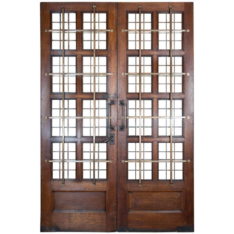 Grand 1920s Oak Copper Glazed Double Doors with Bronze Bars