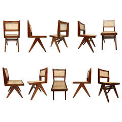 Extraordinary Set of Ten Pierre Jeanneret Armless Dining Chairs