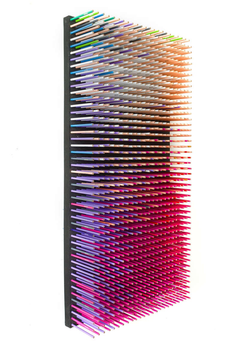 These beautiful and dynamic sculptures are made from an array of hundreds of pencil crayons, available in several color gradients. The vibrancy and depth create amazing optical effects that shift with the position of the viewer. 
Each 24