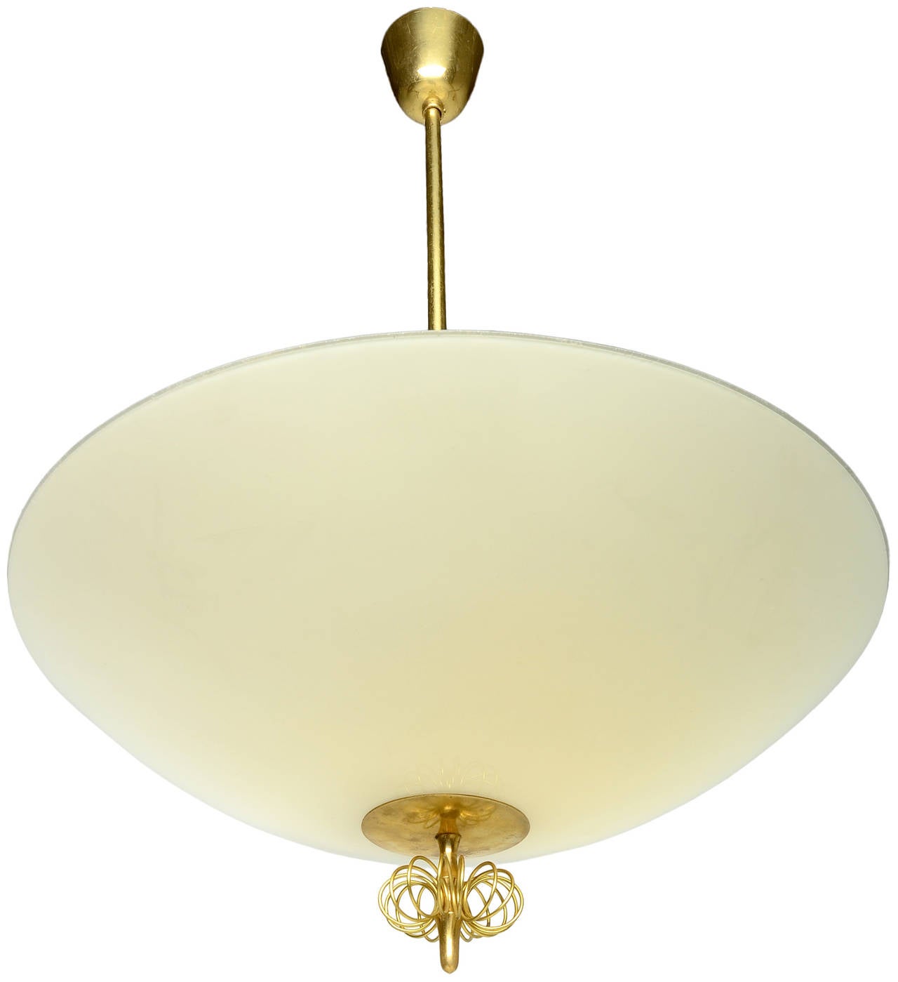 A simple, understated pure form. 

Solid brass down-rod ending in a hand blown large glass dish topped with a trademark brass flourish and brass dish detail.

A very elegant piece the highest quality.