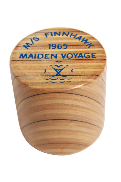 A very unusual and ephemeral Tapio Wirkkala cup commemorating the maiden voyage of the M/S Finnhawk ship .  I believe this piece to be from the 1960's but am unsure.
A fine little object and rather rare.