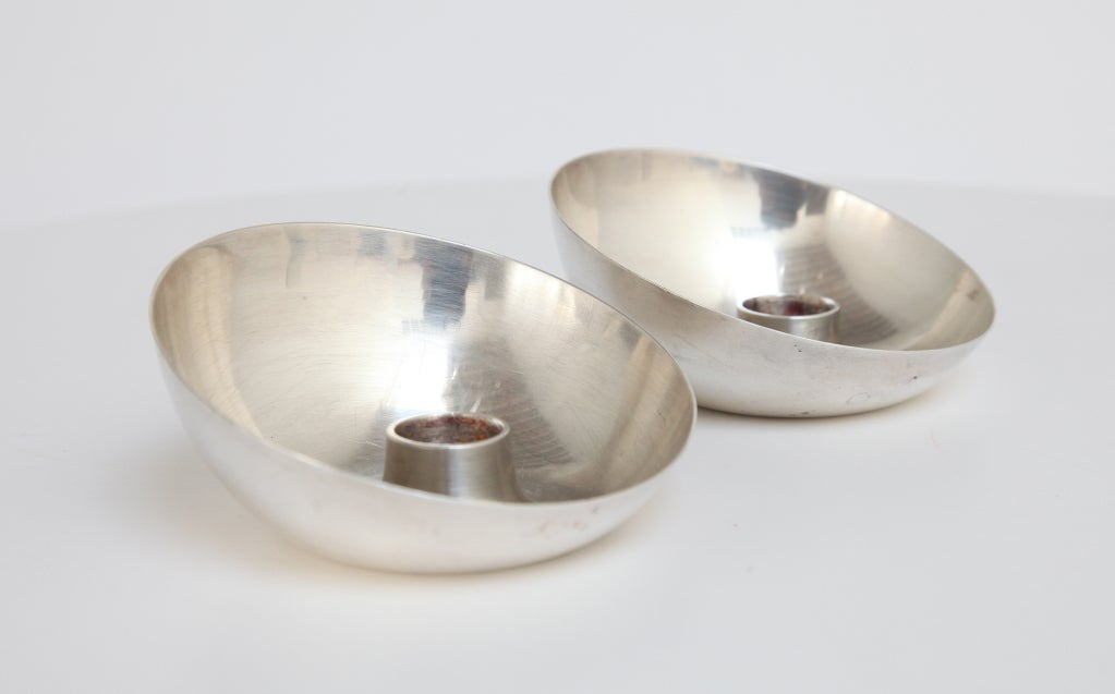 A pair of solid sterling silver candleholders by Arne Jacobsen for A.Michelsen, Denmark. Made for the SAS Hotel.
These are incredibly rare. I have not seen another pair available for sale.
