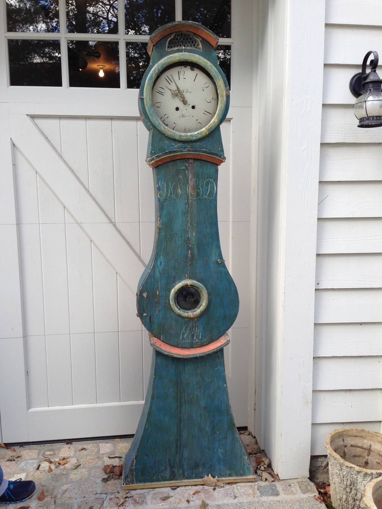 Lovely swedish case clock with original glass and paint. Has original weights and workings but not currently in working condition.Original painted monograms.