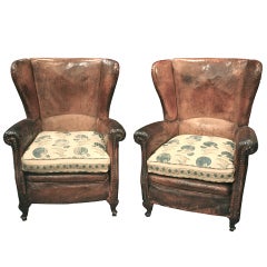 Antique Outstanding Pair of French Leather Wing Chairs