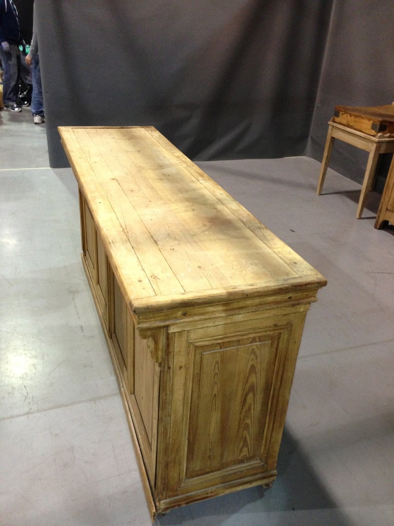  Antique French Pine Shop counter with marble top and shop drawers on the reverse side. Marble has a beautiful aged patina.

