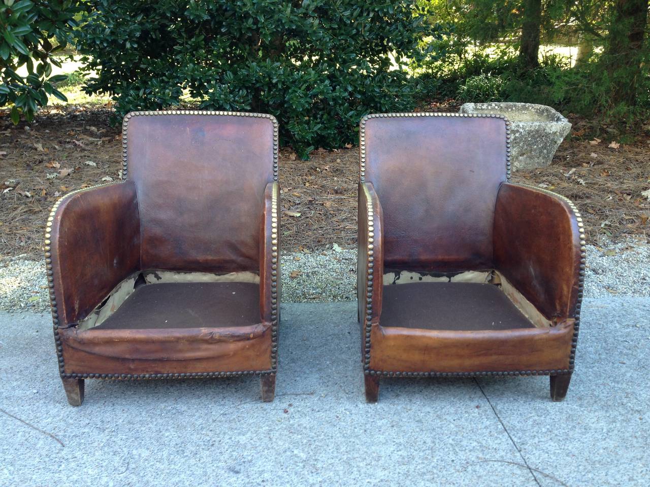 Early 20th Century Pair of 1920s French Leather Club Chairs