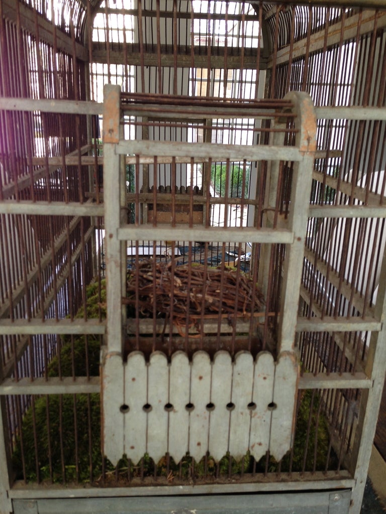 Beautifully detailed French sparrow cage. Bottom has sliding metal tray intact. (in photo it has been planted with moss and Hyacinth as a centerpiece but is a working birdcage). Small lower door opening and side nesting boxes. Beautiful chalky blue