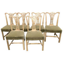 Set of Six English Bleached Oak Chippendale Style Dining Chairs