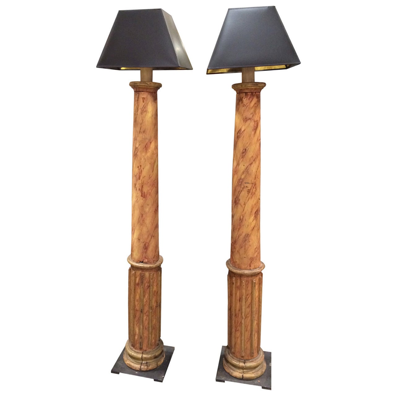 Pair of 19th Century French Faux Marble Column Lamps For Sale