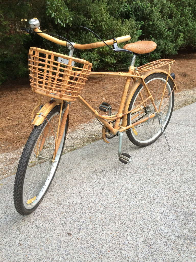 Fabulous Vintage bamboo and rattan bike from Vietnam in great condition. Includes attached basket, luggage rack and working original bell. Rides very smoothly with single gear.