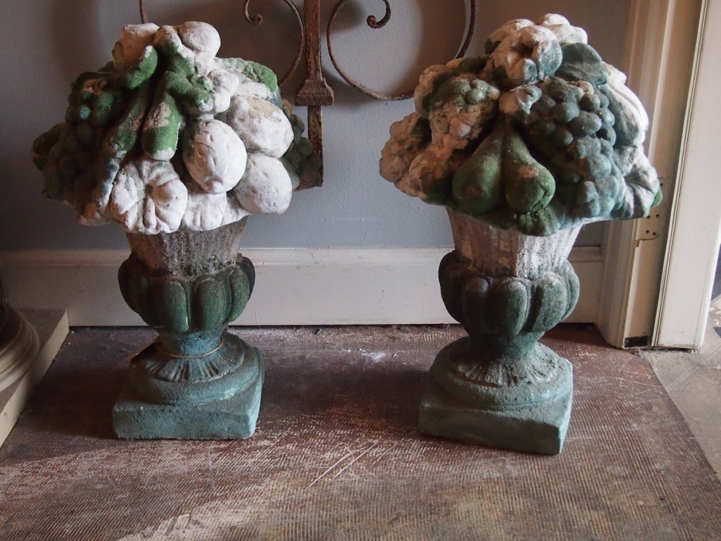 Pair of Cast Stone Fruit Urns with Chipped Paint Patina