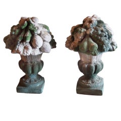 Pair of Cast Stone Fruit Urns with Chipped Paint Patina