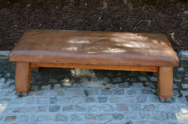 Fabulous French leather clad wooden gym bench. Would make a perfect coffee table or bench. Leather has a beautiful worn patina.
Price has been reduced from $2,950