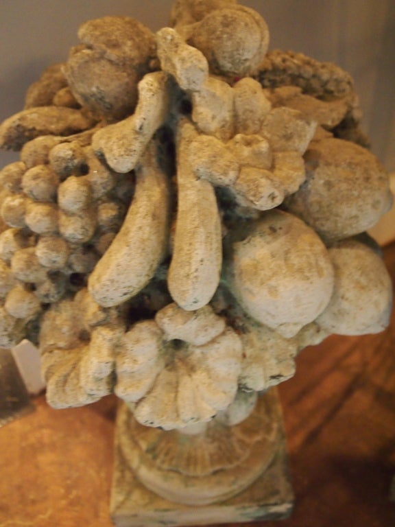 Unknown Pair of Weathered Cast Stone Fruit Urns