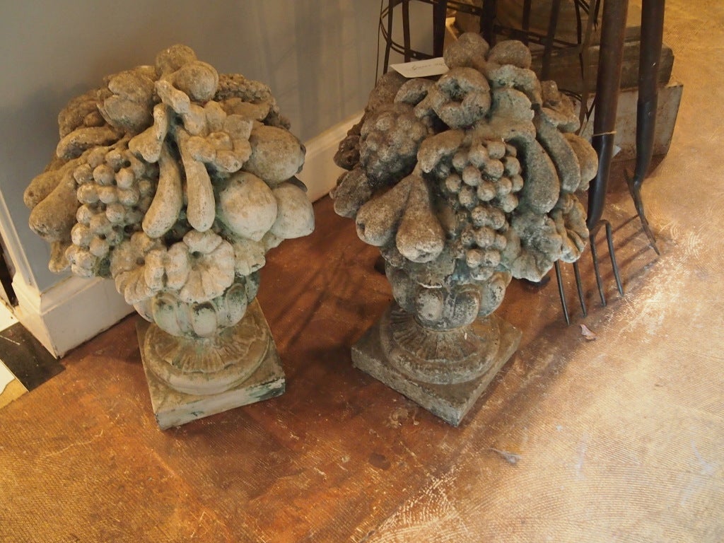 Pair of Weathered Cast Stone Fruit Urns 5
