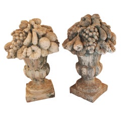 Pair of Weathered Cast Stone Fruit Urns