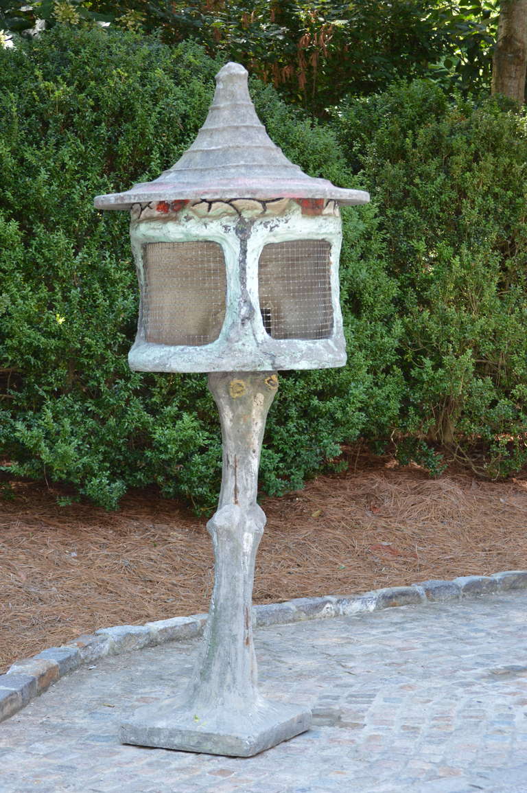Unusual French Composition Stone Aviary. The birdcage top comes off and the cage comes off the stem for easier moving.