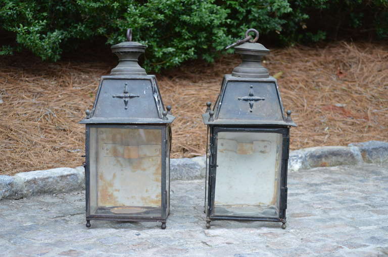 Lovely pair of Railroad station lanterns from Paris, circa 1900. Have yet to be rewired.