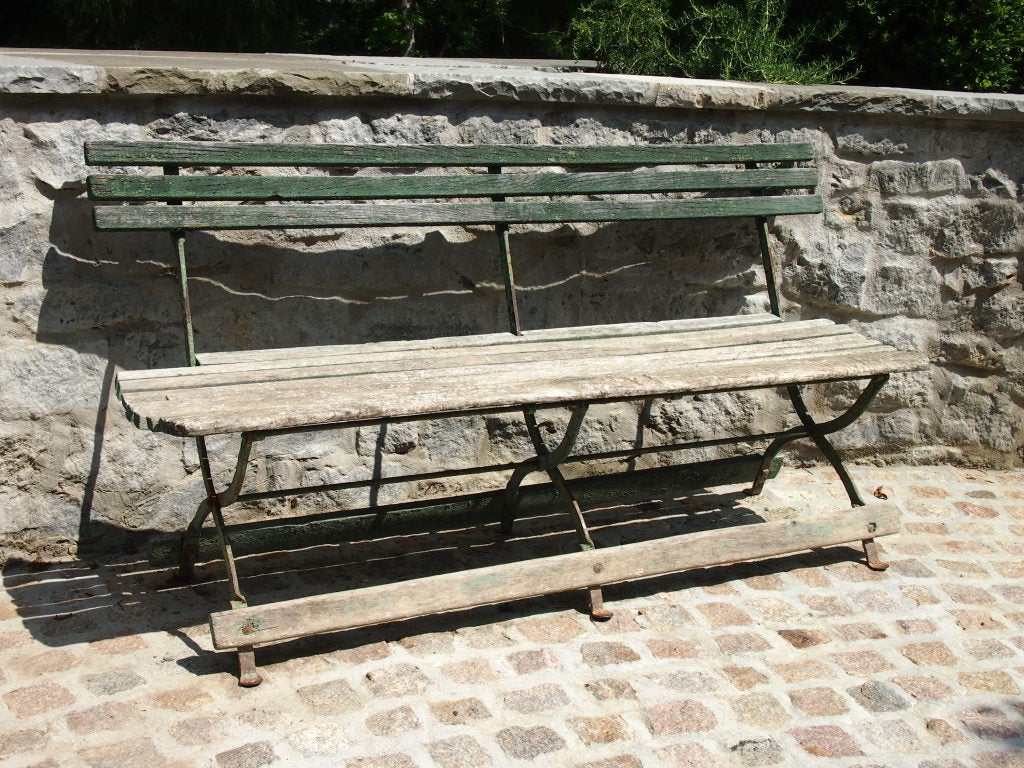 Wonderful antique french garden bench. Chippy green paint and unusual in that it folds.