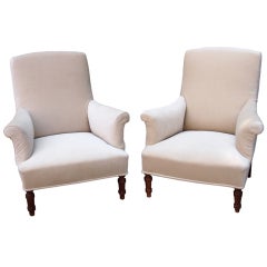 Pair of French velvet armchairs with turned legs