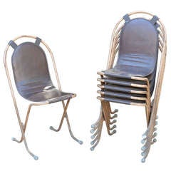 Vintage Six English Leather and Tubular Steel Stacking Chairs  c. 1950