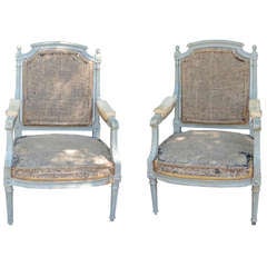 Pair of French Gray Painted Louis XVI Fauteuil Chairs