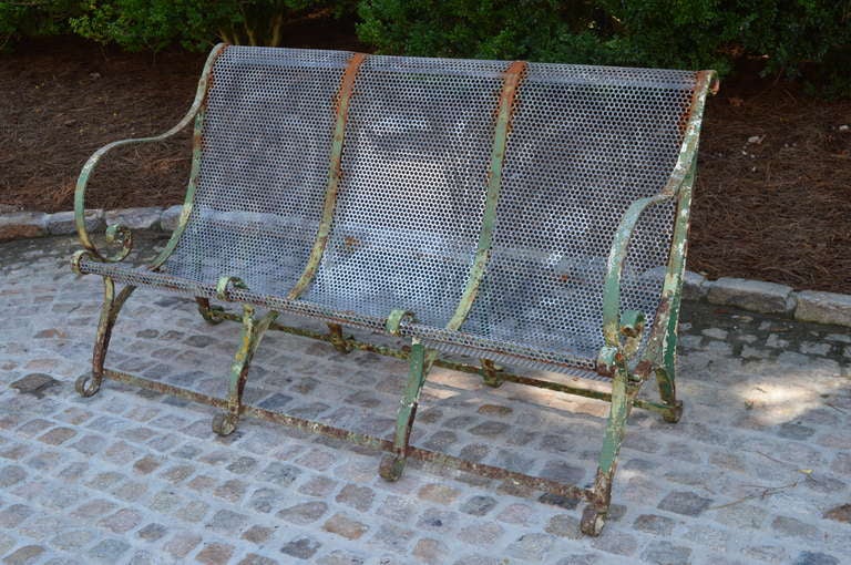 Elegant painted wrought iron French  garden bench.