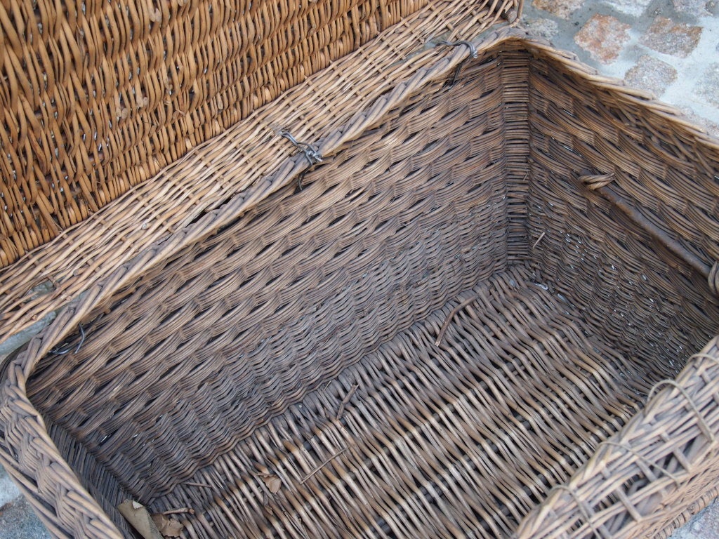 Wood Large French Wicker square top basket with metal buckles