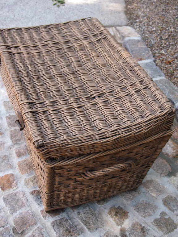 Large French Wicker square top basket with metal buckles 2