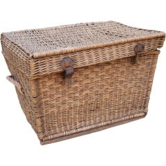 Antique Large French Wicker square top basket with metal buckles