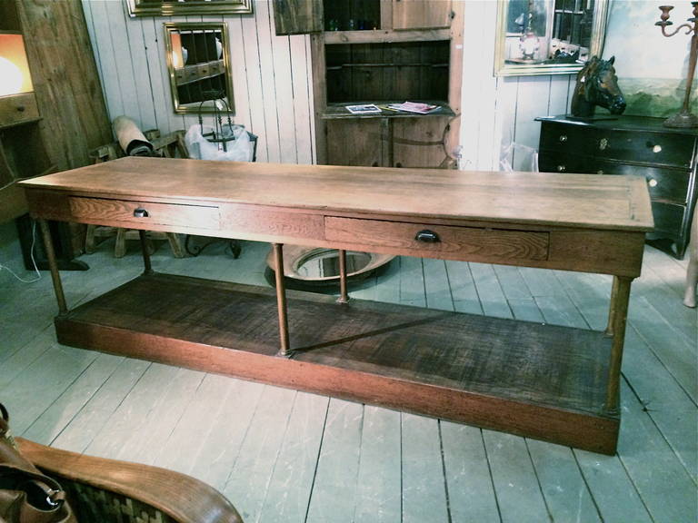 Very Large French Walnut shop counter with faux bois panted metal legs and to drawers.