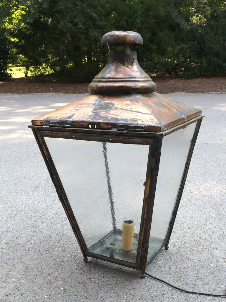 Late 19th Century William Edgar copper lantern. Converted from gas to electric with beeswax candle. Fitted with restoration glass.
Plaque reads 
