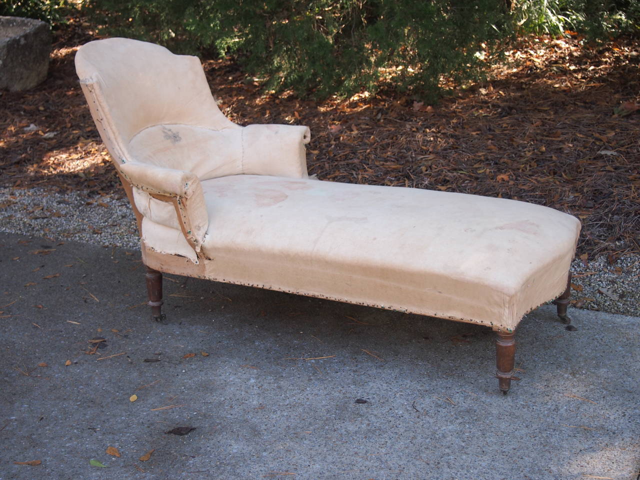 19th C Shield Back French Chaise Lounge with original muslin. Original drawing on the lower inside back remains. Has been newly reupholstered in cement velvet