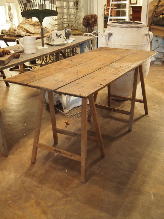 Antique French Oak Campaign desk. Sawhorse style legs and top collapse for easy transport.