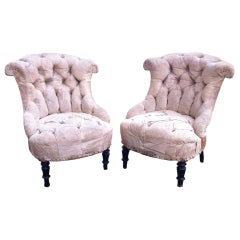 Pair of tufted Naploeon III salon chairs in original muslin