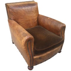 French Leather Club Chair with velvet seat