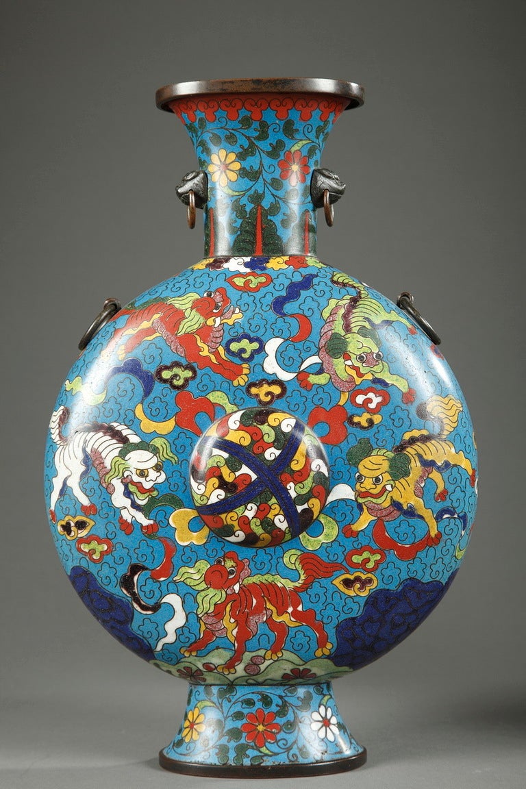 Pair of China champleve enameled flasks, 19th century