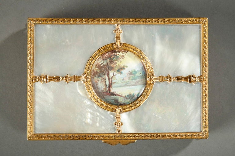 French Charles X jewels box in mother-of-pearl with miniature For Sale