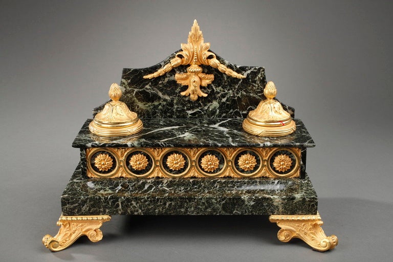 French 19th century green marble and gilt bronze inkstand