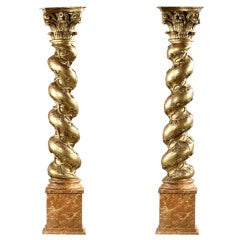 Antique Pair of Italian early eighteen century gilt wood columns