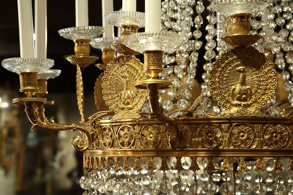 A French First Empire crystal and ormolu peacock decorated chandelier For Sale 1