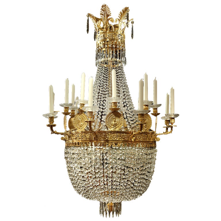 A French First Empire crystal and ormolu peacock decorated chandelier For Sale